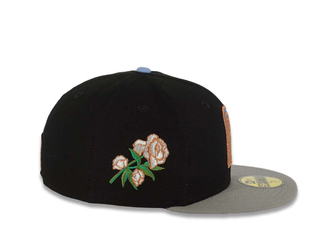 Mexico New Era 59FIFTY 5950 Fitted Cap Hat Black Crown Gray Visor Sky Blue/Metallic Brown Gradient Logo Rose Side Patch Sky Blue UV