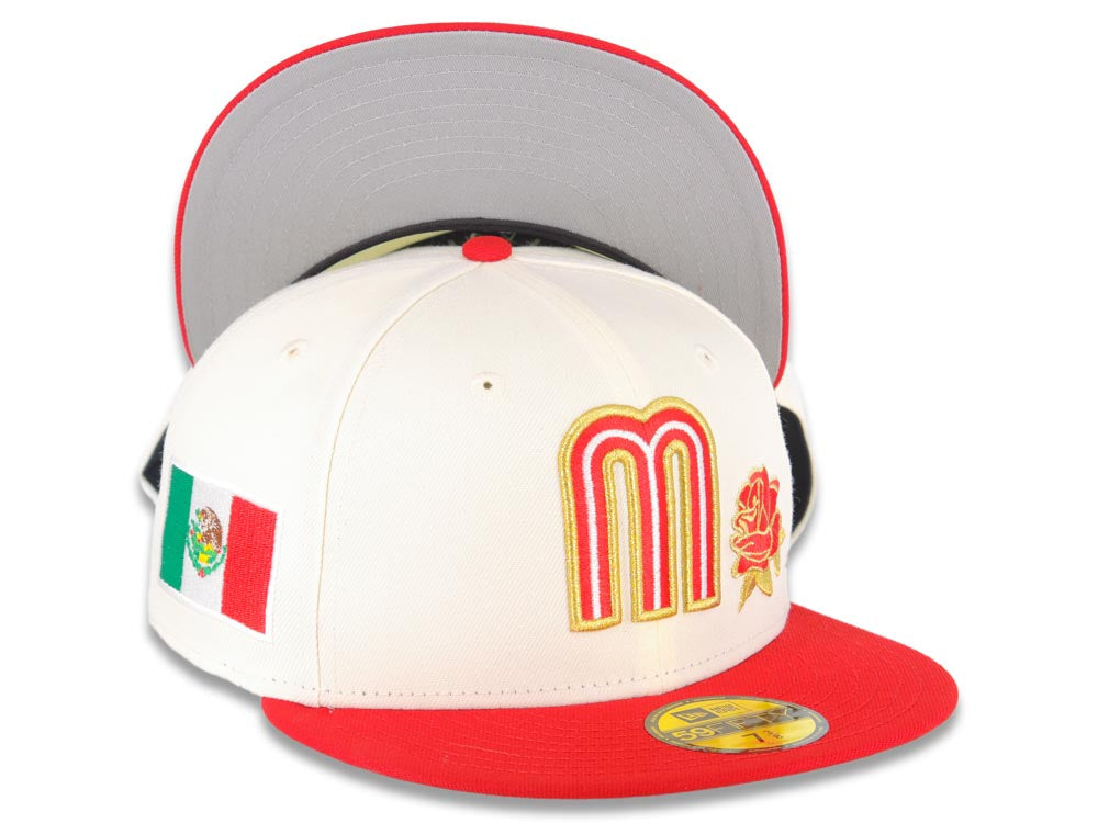 Mexico New Era 59FIFTY 5950 Fitted Cap Hat Cream Crown Red Visor Red/Metallic Gold Logo with Rose Mexico Flag Side Patch Gray UV