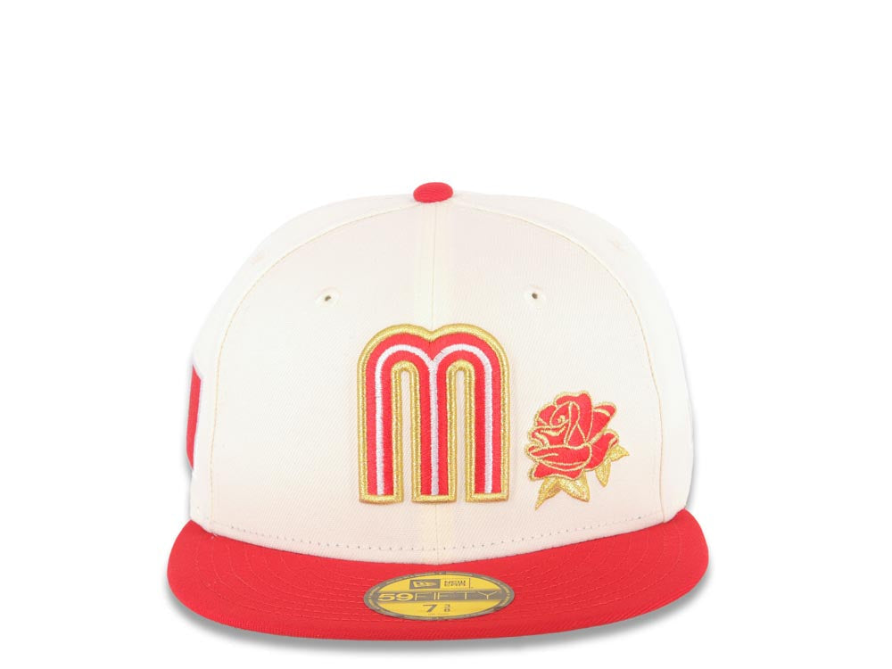Mexico New Era 59FIFTY 5950 Fitted Cap Hat Cream Crown Red Visor Red/Metallic Gold Logo with Rose Mexico Flag Side Patch Gray UV
