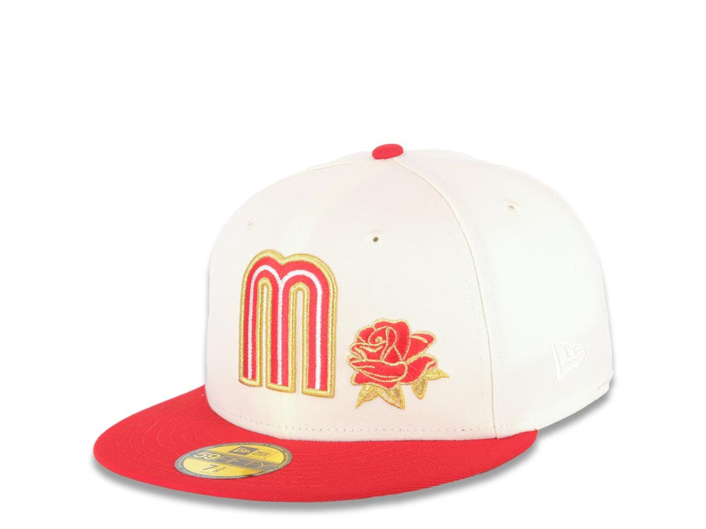 Mexico New Era 59FIFTY 5950 Fitted Cap Hat Cream Crown Red Visor Red/Metallic Gold Logo with Rose Mexico Flag Side Patch Gray UV