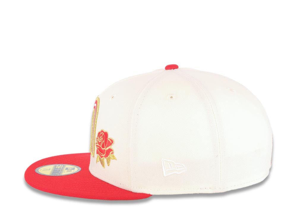 Mexico New Era 59FIFTY 5950 Fitted Cap Hat Cream Crown Red Visor Red/Metallic Gold Logo with Rose Mexico Flag Side Patch Gray UV