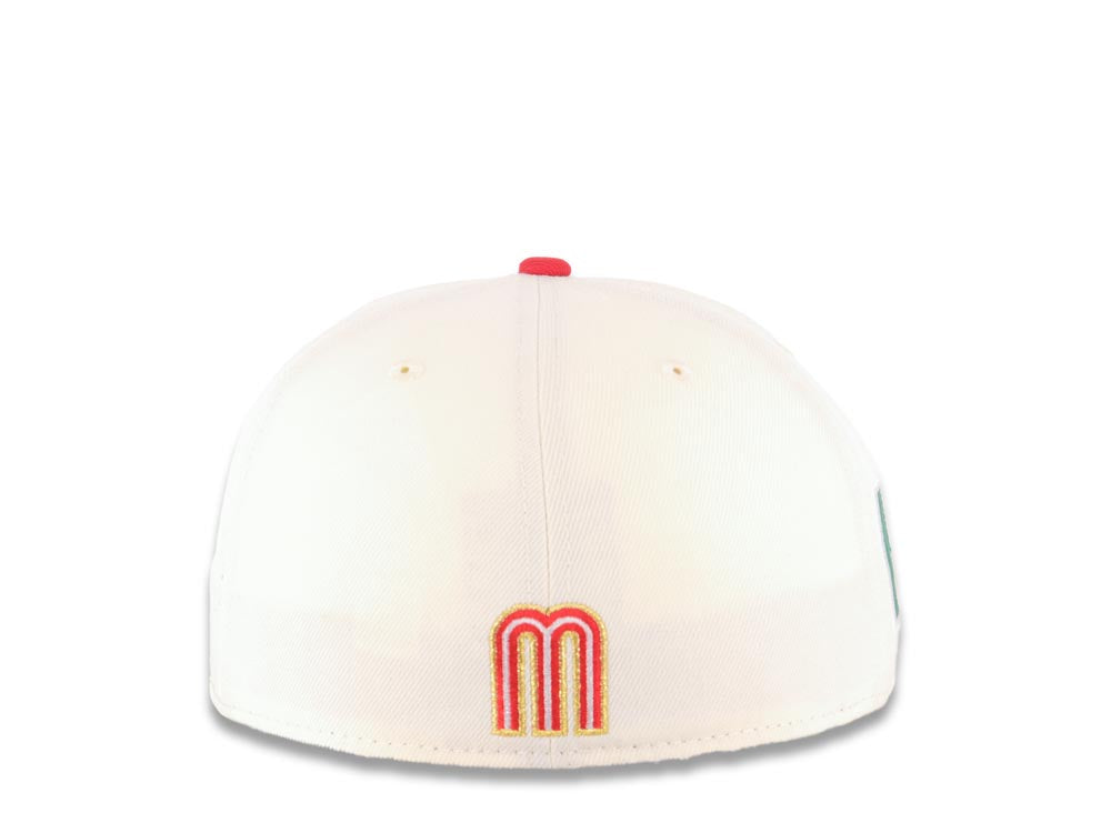 Mexico New Era 59FIFTY 5950 Fitted Cap Hat Cream Crown Red Visor Red/Metallic Gold Logo with Rose Mexico Flag Side Patch Gray UV