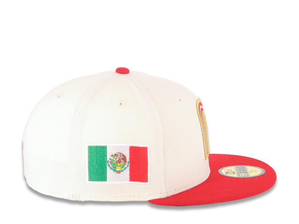 Mexico New Era 59FIFTY 5950 Fitted Cap Hat Cream Crown Red Visor Red/Metallic Gold Logo with Rose Mexico Flag Side Patch Gray UV