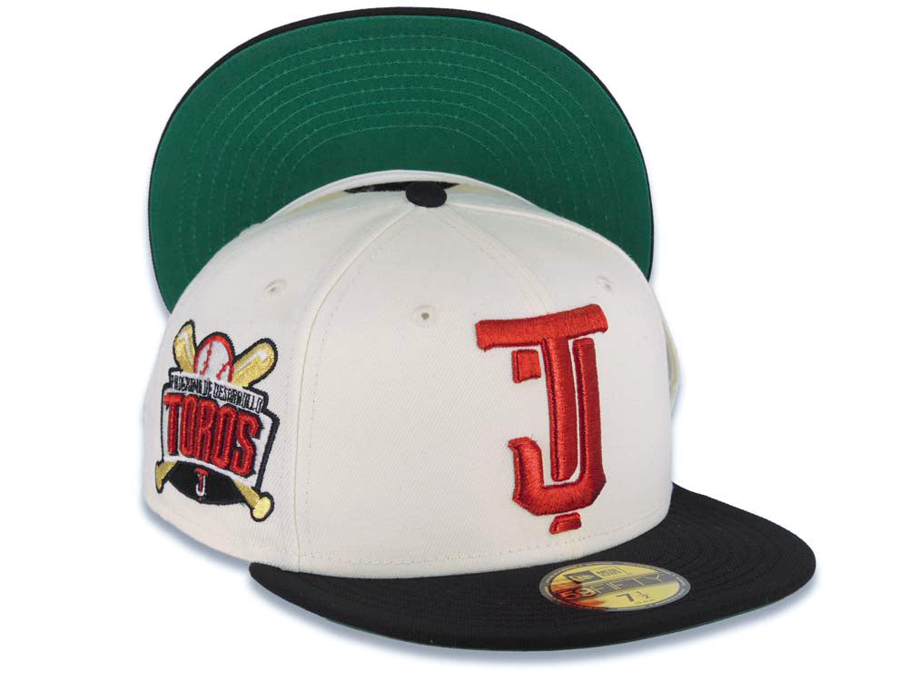 Tijuana Toros New Era LMB 59FIFTY 5950 Fitted Cap Hat Cream Crown Black Visor Metallic Red/Gold Logo Desarollo Toros Side Patch Green UV