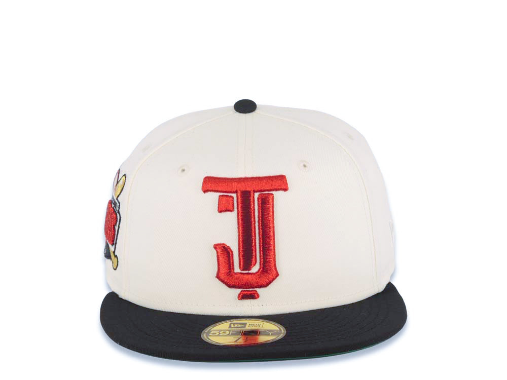 Tijuana Toros New Era LMB 59FIFTY 5950 Fitted Cap Hat Cream Crown Black Visor Metallic Red/Gold Logo Desarollo Toros Side Patch Green UV