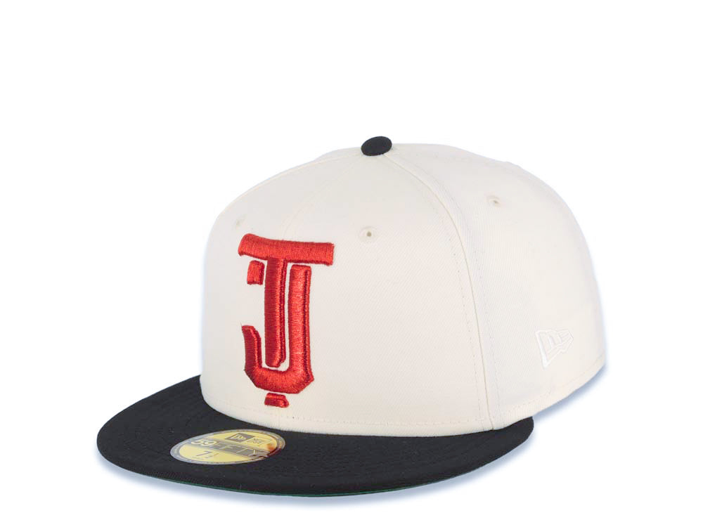 Tijuana Toros New Era LMB 59FIFTY 5950 Fitted Cap Hat Cream Crown Black Visor Metallic Red/Gold Logo Desarollo Toros Side Patch Green UV