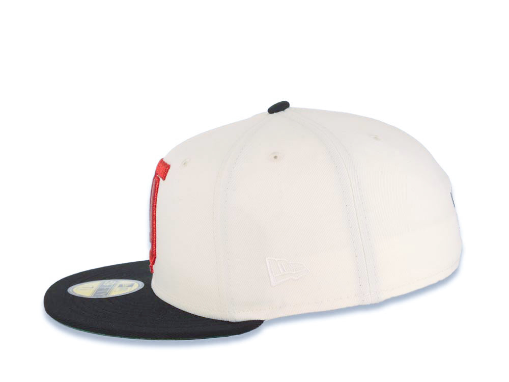 Tijuana Toros New Era LMB 59FIFTY 5950 Fitted Cap Hat Cream Crown Black Visor Metallic Red/Gold Logo Desarollo Toros Side Patch Green UV