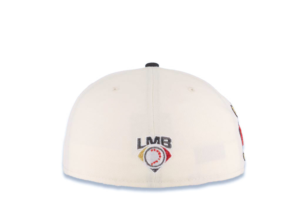 Tijuana Toros New Era LMB 59FIFTY 5950 Fitted Cap Hat Cream Crown Black Visor Metallic Red/Gold Logo Desarollo Toros Side Patch Green UV