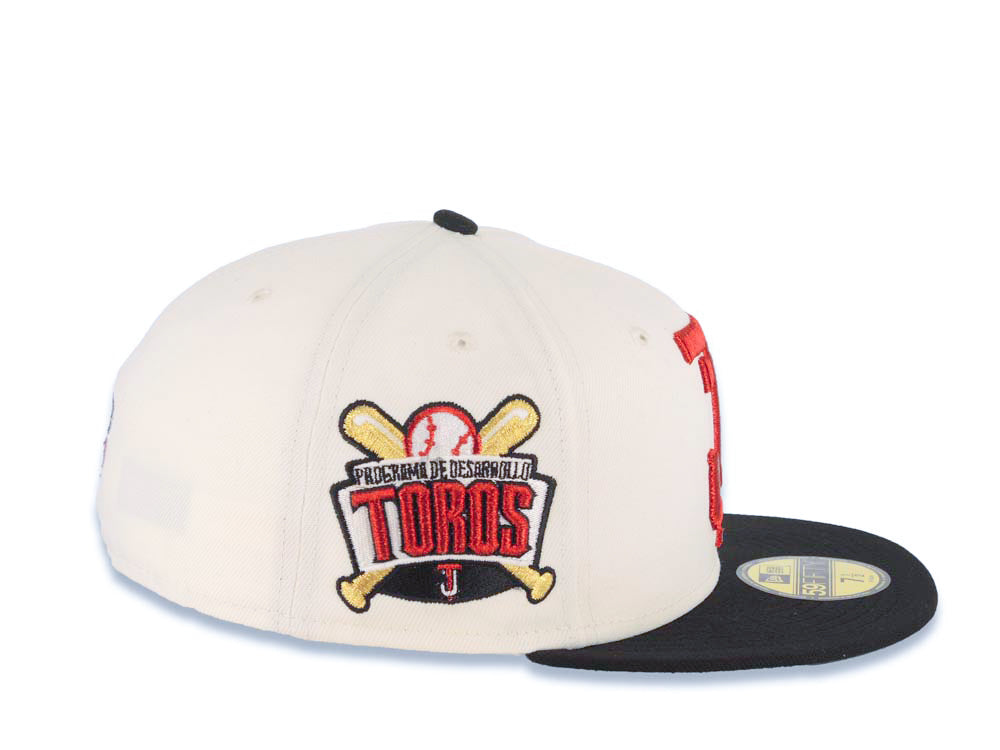 Tijuana Toros New Era LMB 59FIFTY 5950 Fitted Cap Hat Cream Crown Black Visor Metallic Red/Gold Logo Desarollo Toros Side Patch Green UV