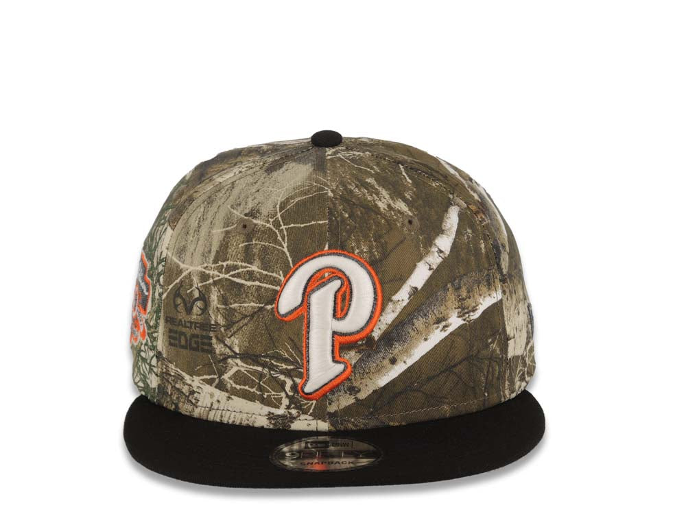San Diego Padres New Era MLB 9FIFTY 950 Snapback Cap Hat Real Tree Edge Camo Crown Black Visor Glow White Orange Logo 50th Anniversary Side Patch