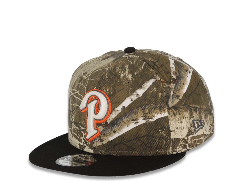 San Diego Padres New Era MLB 9FIFTY 950 Snapback Cap Hat Real Tree Edge Camo Crown Black Visor Glow White Orange Logo 50th Anniversary Side Patch