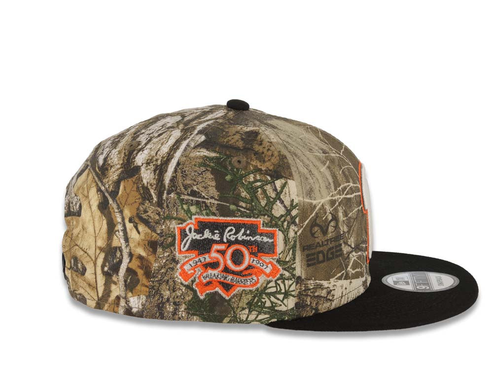 San Diego Padres New Era MLB 9FIFTY 950 Snapback Cap Hat Real Tree Edge Camo Crown Black Visor Glow White Orange Logo 50th Anniversary Side Patch