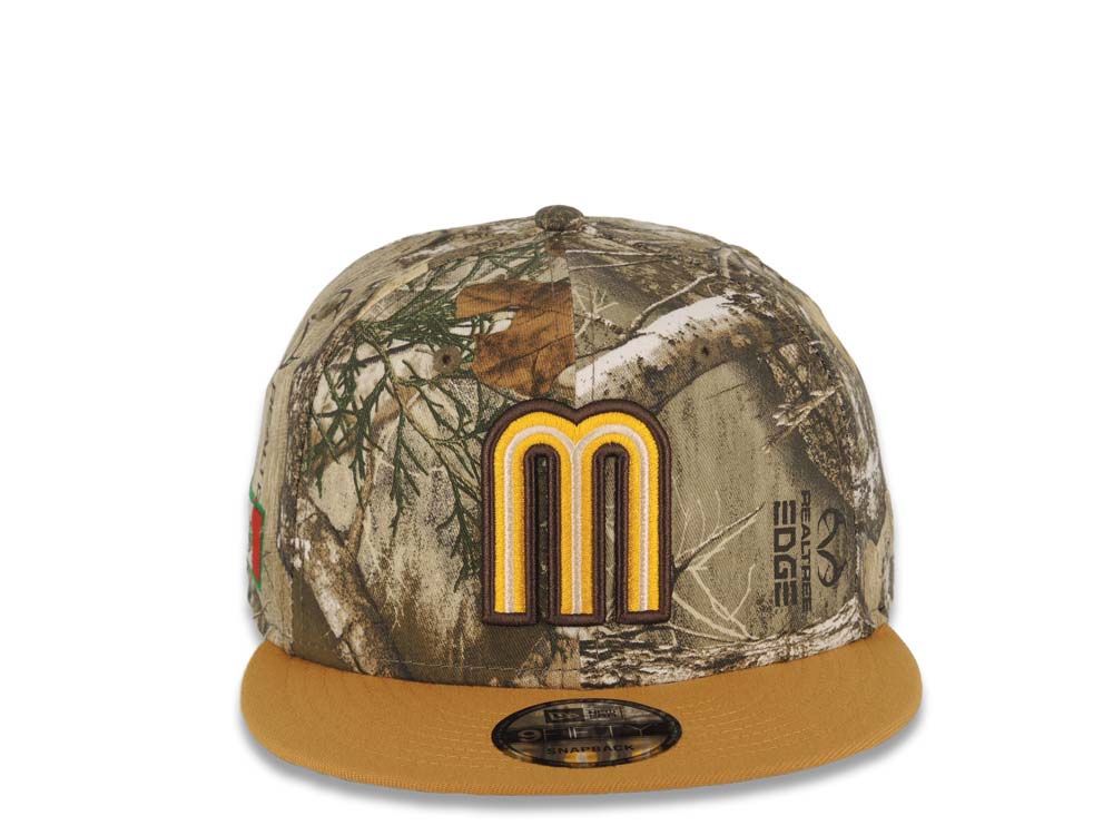 Mexico New Era WBC World Baseball Classic 9FIFTY 950 Snapback Cap Hat Real Tree Edge Camo Crown Tan Visor Yellow/Dark Brown/Cream Logo Gray UV