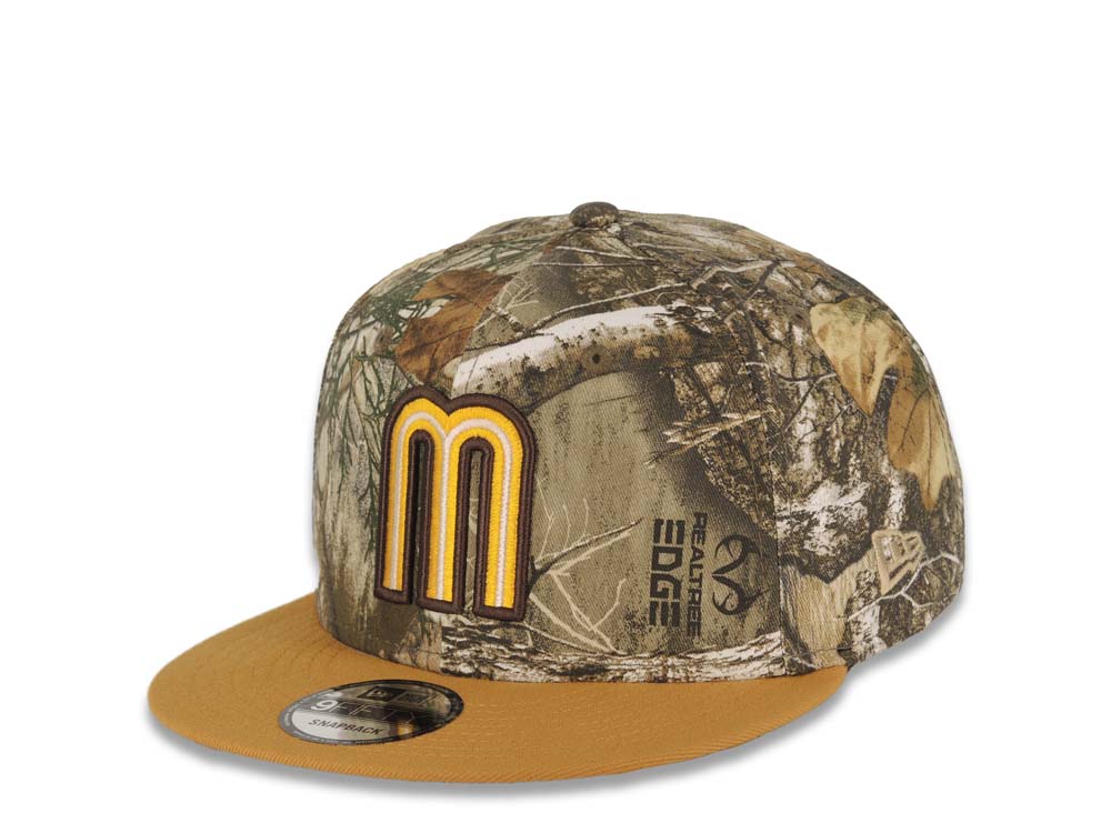 Mexico New Era WBC World Baseball Classic 9FIFTY 950 Snapback Cap Hat Real Tree Edge Camo Crown Tan Visor Yellow/Dark Brown/Cream Logo Gray UV