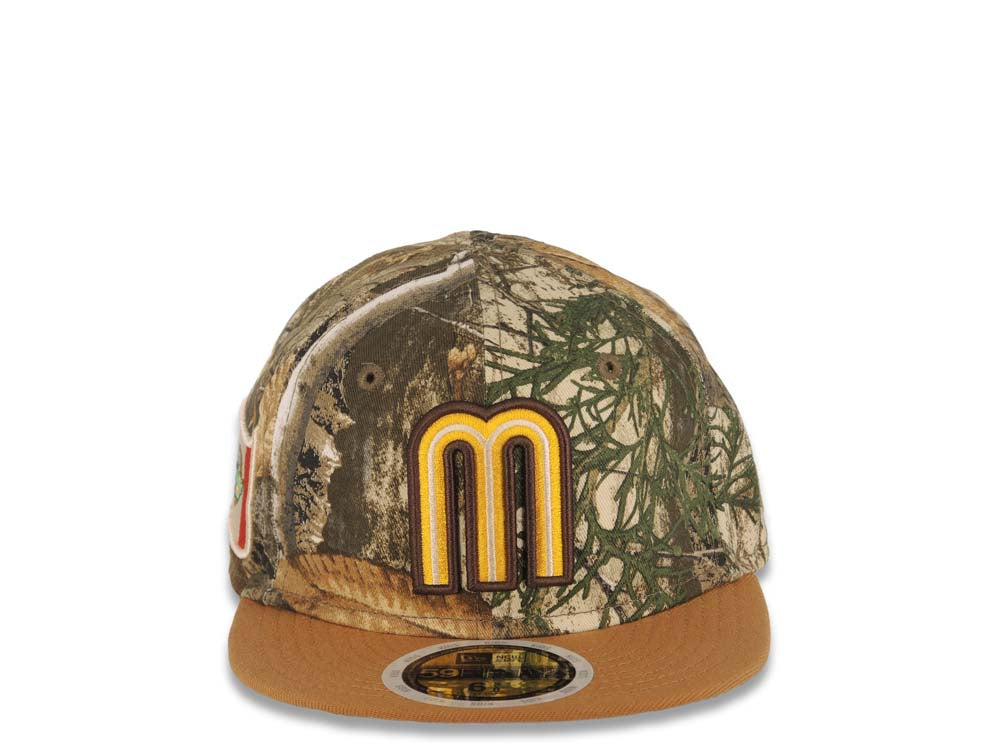 (Youth) Mexico New Era WBC 59FIFTY 5950 Kid Fitted Cap Hat Real Tree Edge Camo Crown Tan Visor Team Color Logo Mexico Flag Side Patch