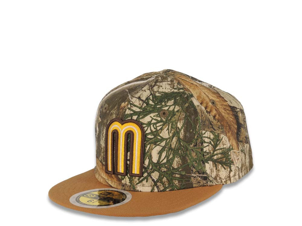 (Youth) Mexico New Era WBC 59FIFTY 5950 Kid Fitted Cap Hat Real Tree Edge Camo Crown Tan Visor Team Color Logo Mexico Flag Side Patch