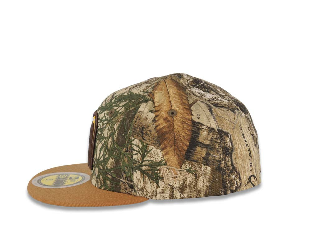 (Youth) Mexico New Era WBC 59FIFTY 5950 Kid Fitted Cap Hat Real Tree Edge Camo Crown Tan Visor Team Color Logo Mexico Flag Side Patch