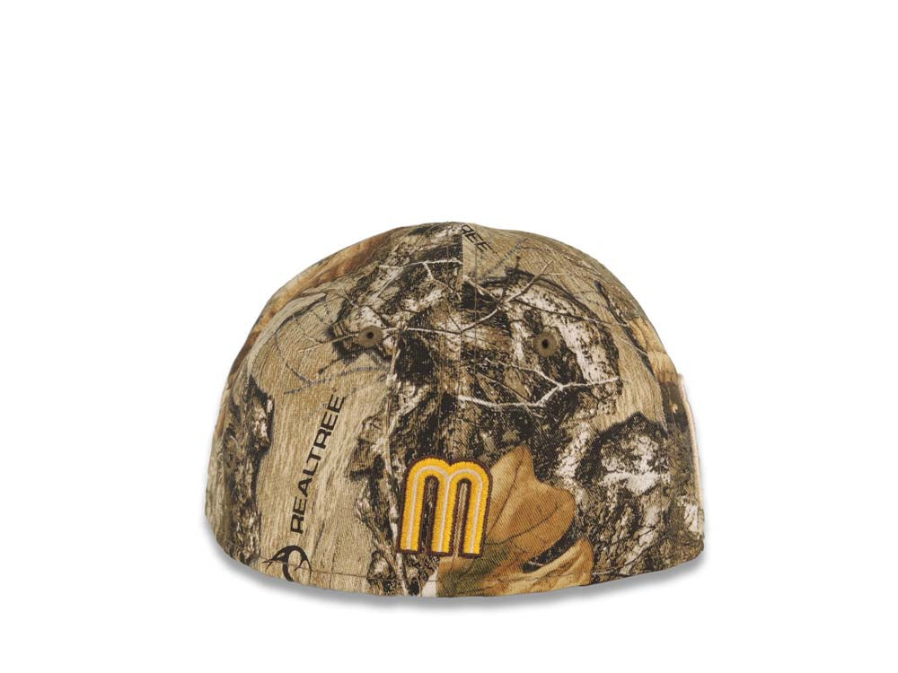 (Youth) Mexico New Era WBC 59FIFTY 5950 Kid Fitted Cap Hat Real Tree Edge Camo Crown Tan Visor Team Color Logo Mexico Flag Side Patch