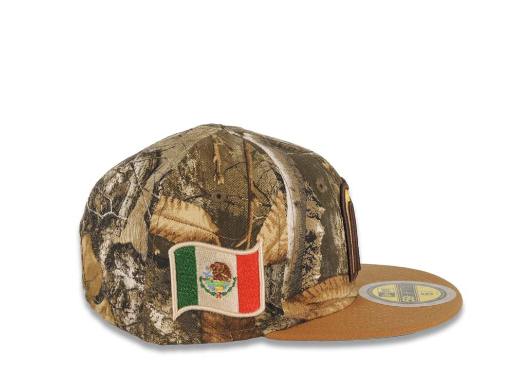 (Youth) Mexico New Era WBC 59FIFTY 5950 Kid Fitted Cap Hat Real Tree Edge Camo Crown Tan Visor Team Color Logo Mexico Flag Side Patch