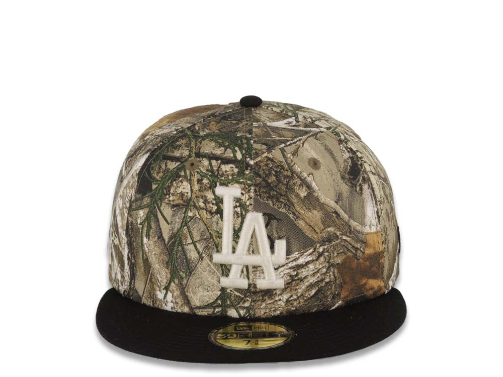 Los Angeles Dodgers New Era MLB 59FIFTY 5950 Fitted Cap Hat Real Tree Edge Camo Crown Black Visor Glow White Logo Batterman Batty Side Patch Gray UV