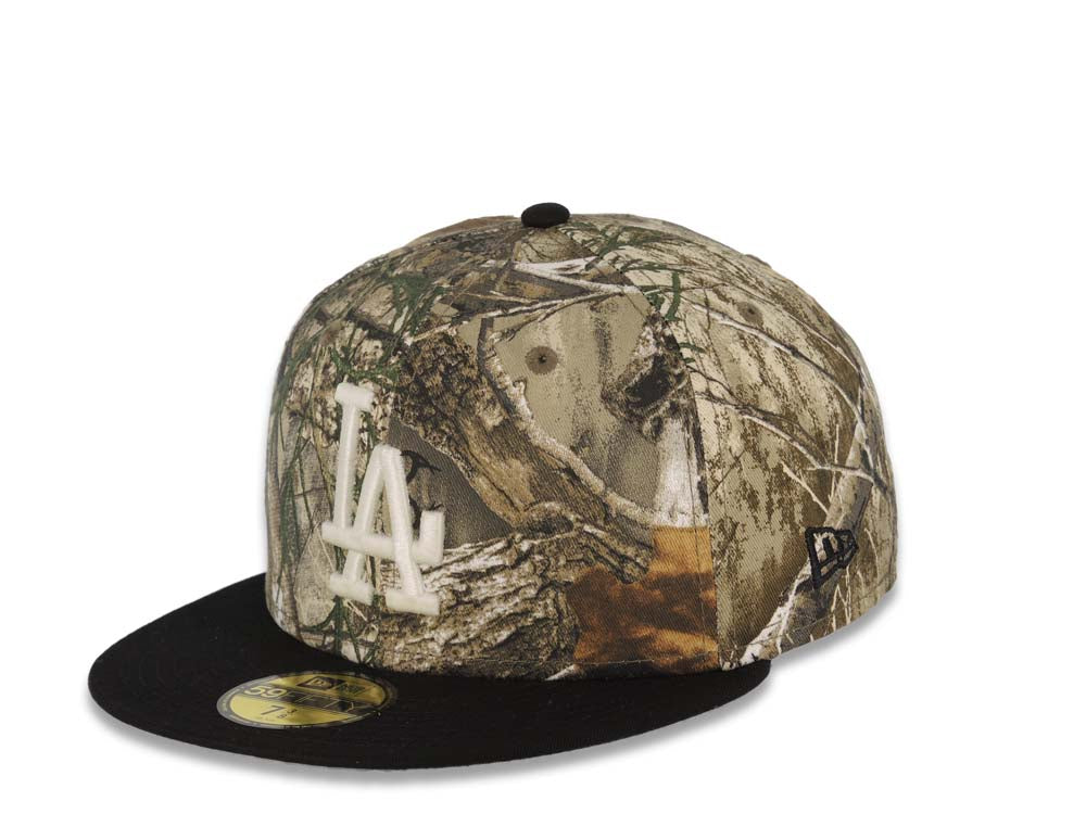 Los Angeles Dodgers New Era MLB 59FIFTY 5950 Fitted Cap Hat Real Tree Edge Camo Crown Black Visor Glow White Logo Batterman Batty Side Patch Gray UV