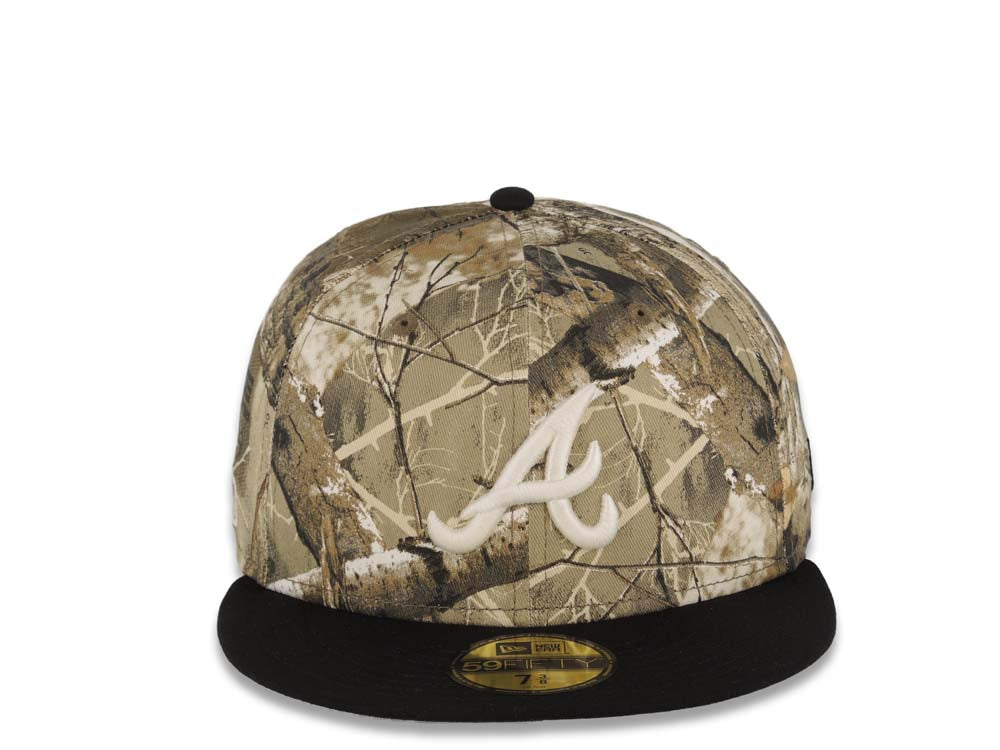 Atlanta Braves New Era MLB 59FIFTY 5950 Fitted Cap Hat Real Tree Edge Camo Crown Black Visor Glow White Logo Batterman Batty Side Patch Gray UV