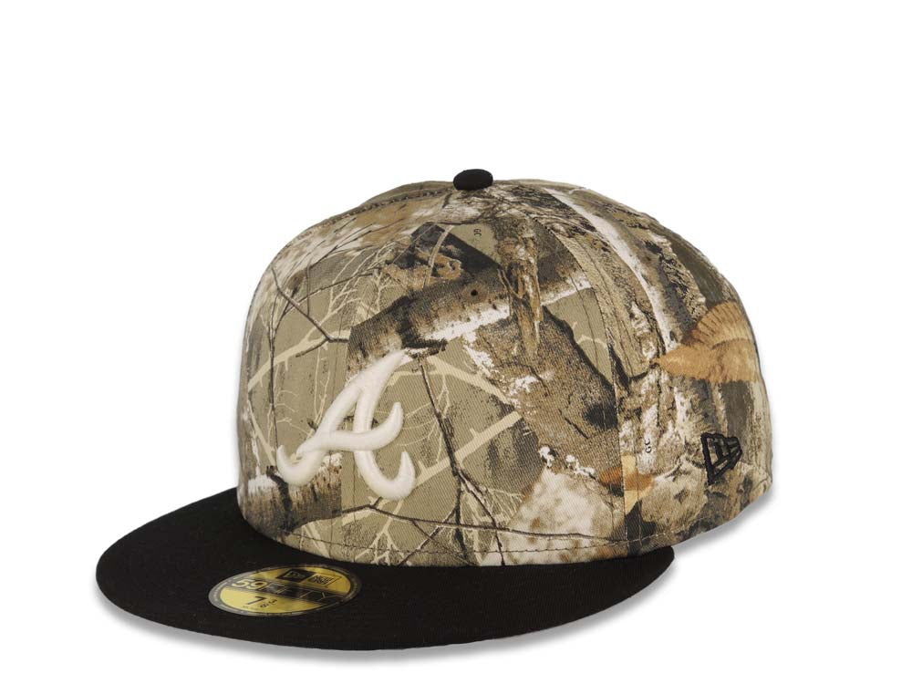 Atlanta Braves New Era MLB 59FIFTY 5950 Fitted Cap Hat Real Tree Edge Camo Crown Black Visor Glow White Logo Batterman Batty Side Patch Gray UV