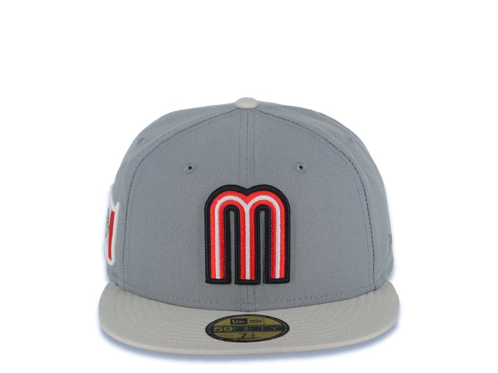 Mexico New Era 59FIFTY 5950 Fitted Cap Hat Gray Crown/Visor Red/Black/White Logo Mexico Flag Side Patch Red UV