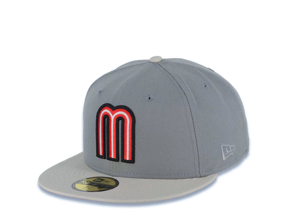 Mexico New Era 59FIFTY 5950 Fitted Cap Hat Gray Crown/Visor Red/Black/White Logo Mexico Flag Side Patch Red UV