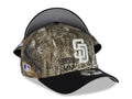 (Glow In The Dark) San Diego Padres New Era MLB 9FORTY 940 Adjustable A-Frame Cap Hat Real Tree Edge Camo Crown Black Visor Glow White Logo Side Batty