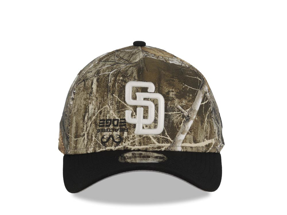 (Glow In The Dark) San Diego Padres New Era MLB 9FORTY 940 Adjustable A-Frame Cap Hat Real Tree Edge Camo Crown Black Visor Glow White Logo Side Batty
