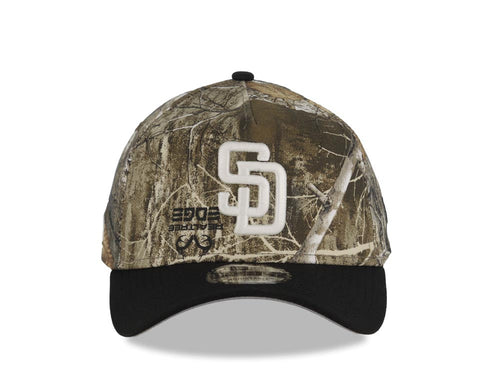 (Glow In The Dark) San Diego Padres New Era MLB 9FORTY 940 Adjustable A-Frame Cap Hat Real Tree Edge Camo Crown Black Visor Glow White Logo Side Batty