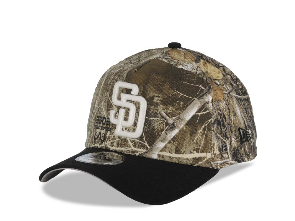 (Glow In The Dark) San Diego Padres New Era MLB 9FORTY 940 Adjustable A-Frame Cap Hat Real Tree Edge Camo Crown Black Visor Glow White Logo Side Batty