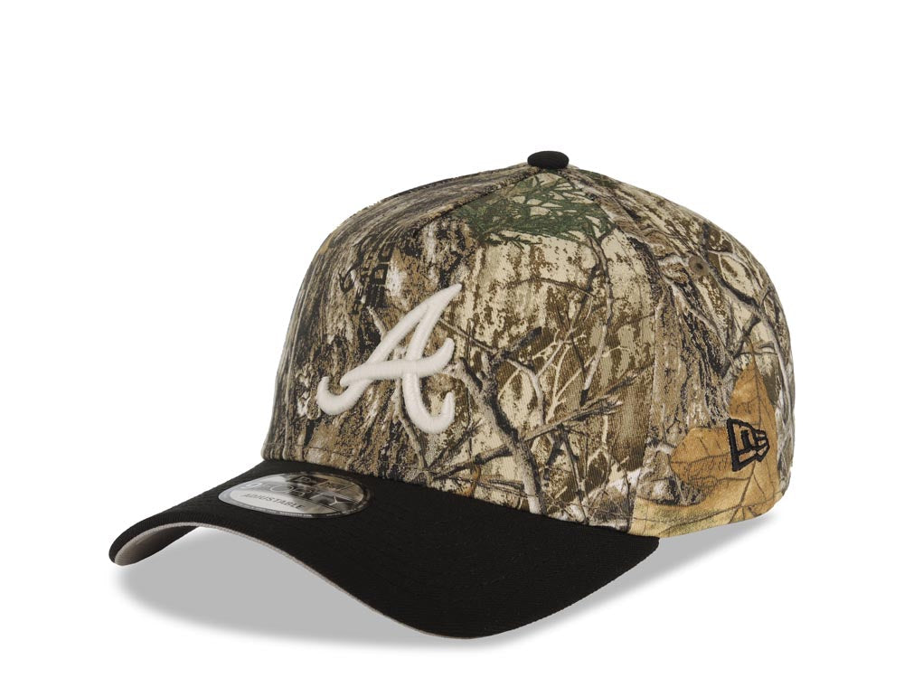 (Glow In The Dark) Atlanta Braves New Era MLB 9FORTY 940 Adjustable A-Frame Cap Hat Real Tree Edge Camo Crown Black Visor Glow White Logo Side Batty