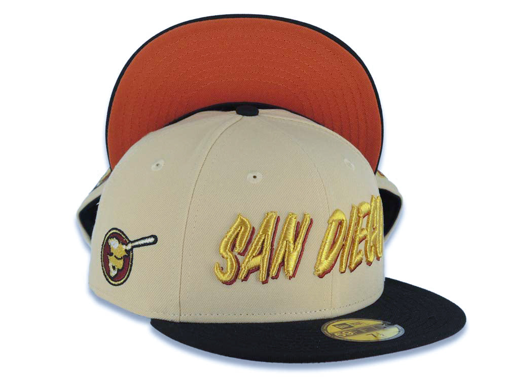 San Diego Padres New Era MLB 59FIFTY 5950 Fitted Cap Hat Vegas Gold Crown Black Visor Metallic Gold/Red Script Logo Swinging Friar Side Patch