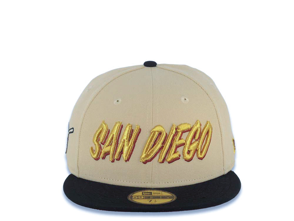 San Diego Padres New Era MLB 59FIFTY 5950 Fitted Cap Hat Vegas Gold Crown Black Visor Metallic Gold/Red Script Logo Swinging Friar Side Patch