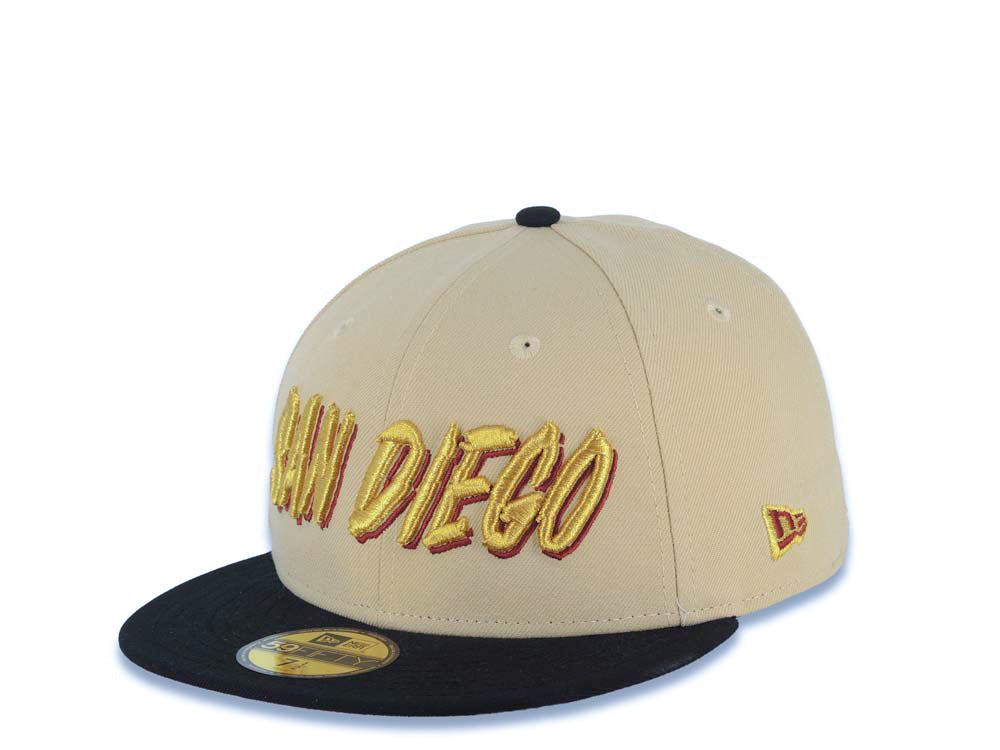 San Diego Padres New Era MLB 59FIFTY 5950 Fitted Cap Hat Vegas Gold Crown Black Visor Metallic Gold/Red Script Logo Swinging Friar Side Patch