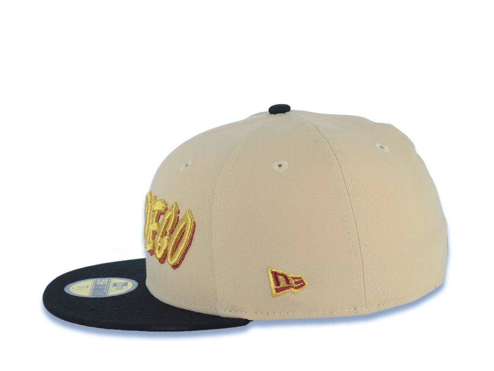 San Diego Padres New Era MLB 59FIFTY 5950 Fitted Cap Hat Vegas Gold Crown Black Visor Metallic Gold/Red Script Logo Swinging Friar Side Patch
