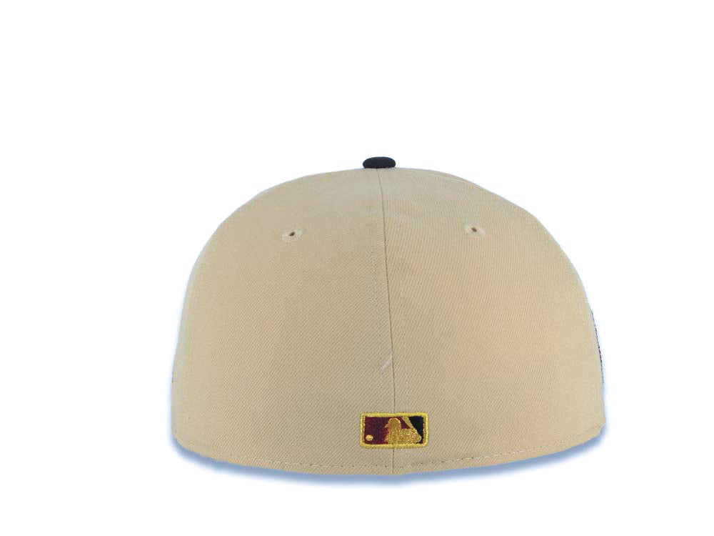 San Diego Padres New Era MLB 59FIFTY 5950 Fitted Cap Hat Vegas Gold Crown Black Visor Metallic Gold/Red Script Logo Swinging Friar Side Patch