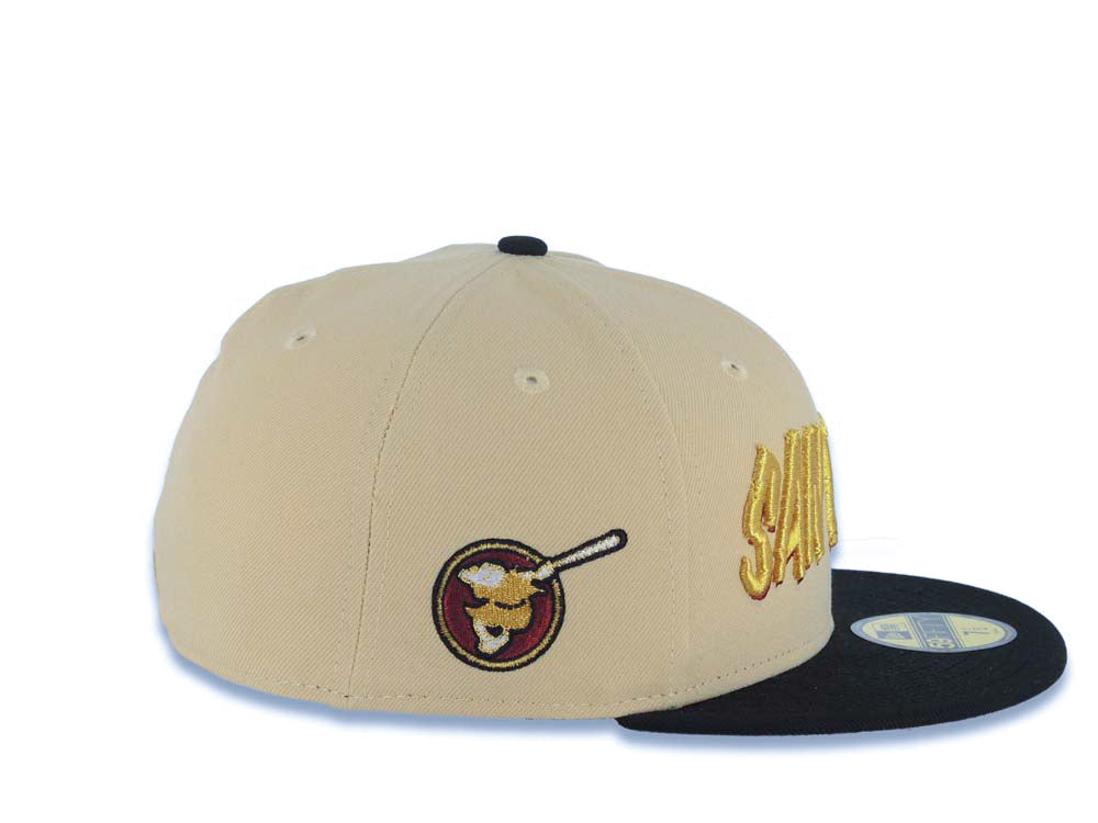 San Diego Padres New Era MLB 59FIFTY 5950 Fitted Cap Hat Vegas Gold Crown Black Visor Metallic Gold/Red Script Logo Swinging Friar Side Patch