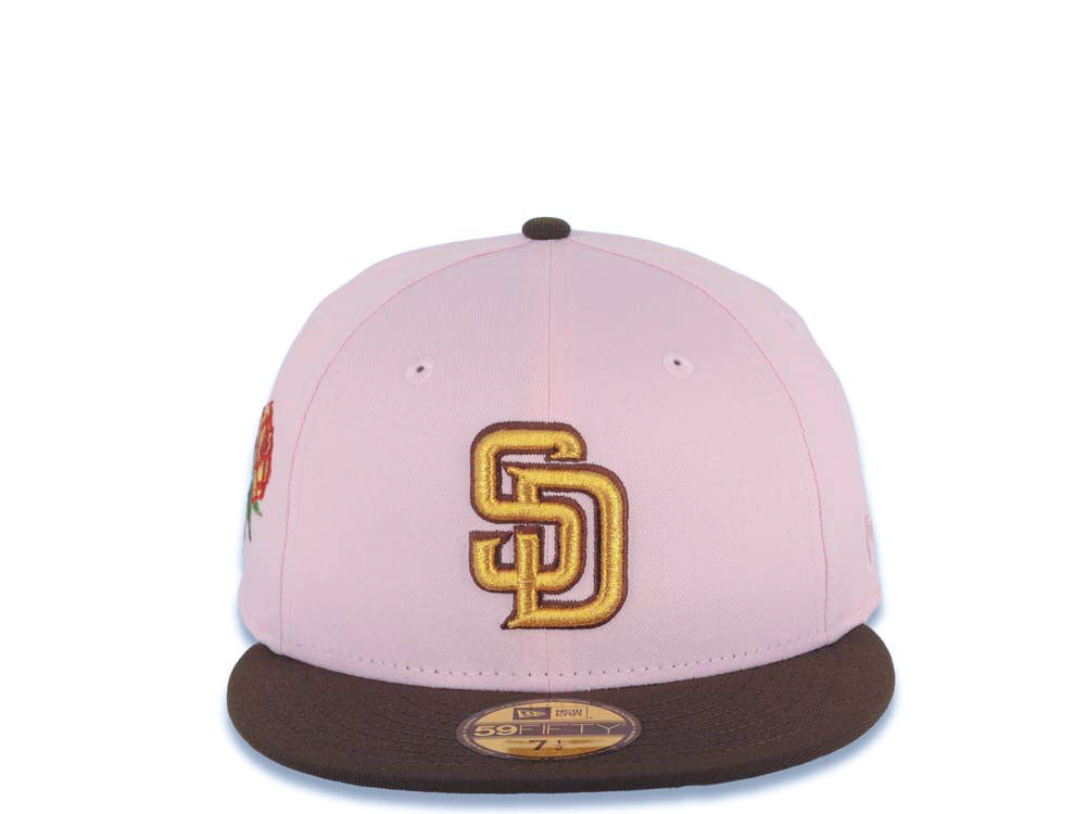 San Diego Padres New Era MLB 59FIFTY 5950 Fitted Cap Hat Pink Crown Brown Visor Metallic Gold/Brown Logo with Rose Side Patch Gray UV