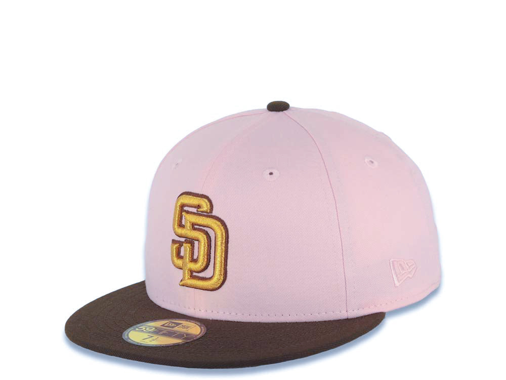 San Diego Padres New Era MLB 59FIFTY 5950 Fitted Cap Hat Pink Crown Brown Visor Metallic Gold/Brown Logo with Rose Side Patch Gray UV