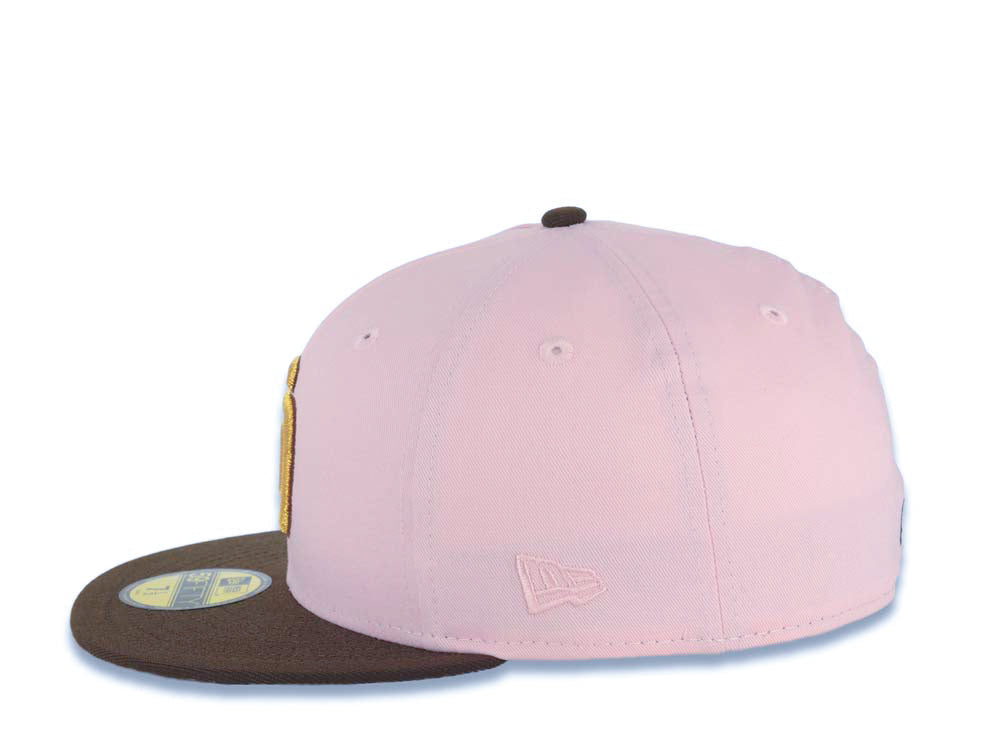 San Diego Padres New Era MLB 59FIFTY 5950 Fitted Cap Hat Pink Crown Brown Visor Metallic Gold/Brown Logo with Rose Side Patch Gray UV