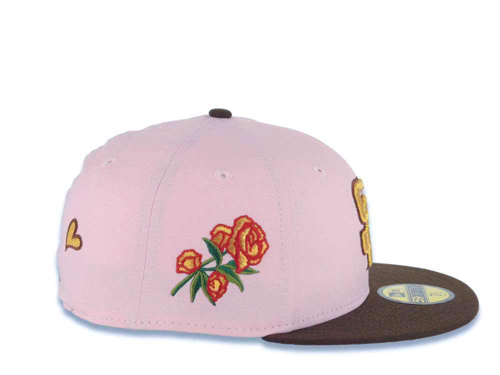 San Diego Padres New Era MLB 59FIFTY 5950 Fitted Cap Hat Pink Crown Brown Visor Metallic Gold/Brown Logo with Rose Side Patch Gray UV
