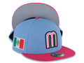 Mexico New Era WBC World Baseball Classic 59FIFTY 5950 Fitted Cap Hat Sky Blue Crown Magenta Visor White/Black/Magenta Logo Mexico Flag Side Patch