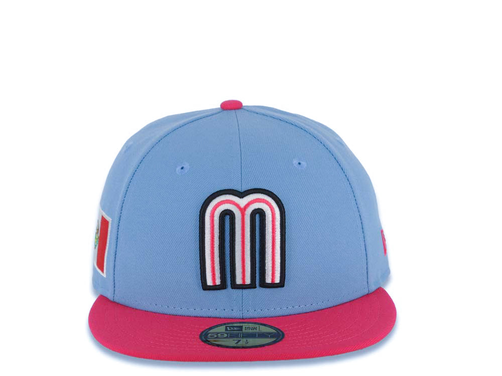 Mexico New Era WBC World Baseball Classic 59FIFTY 5950 Fitted Cap Hat Sky Blue Crown Magenta Visor White/Black/Magenta Logo Mexico Flag Side Patch