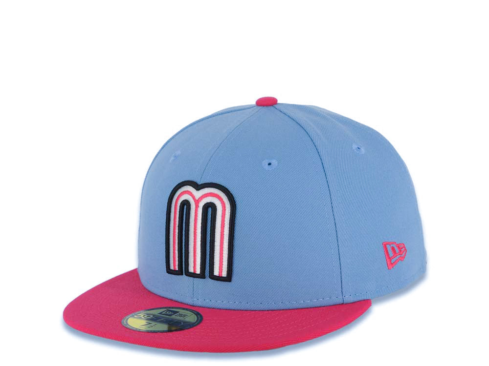 Mexico New Era WBC World Baseball Classic 59FIFTY 5950 Fitted Cap Hat Sky Blue Crown Magenta Visor White/Black/Magenta Logo Mexico Flag Side Patch