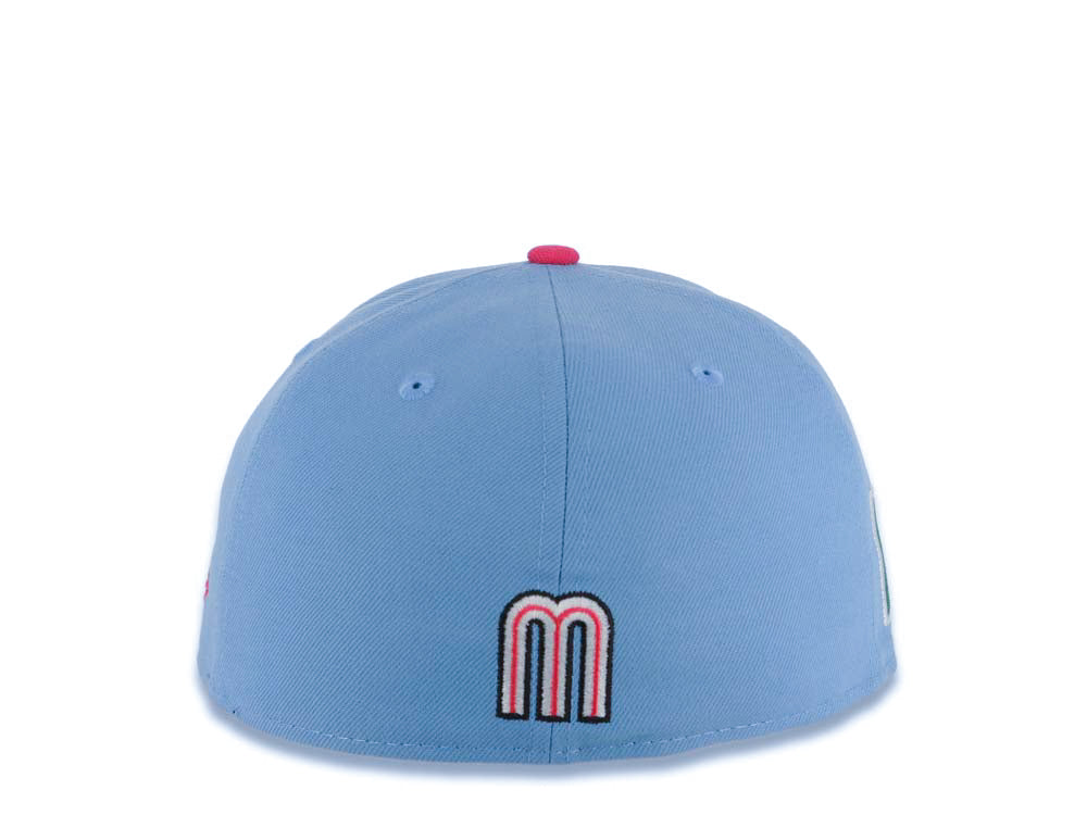 Mexico New Era WBC World Baseball Classic 59FIFTY 5950 Fitted Cap Hat Sky Blue Crown Magenta Visor White/Black/Magenta Logo Mexico Flag Side Patch