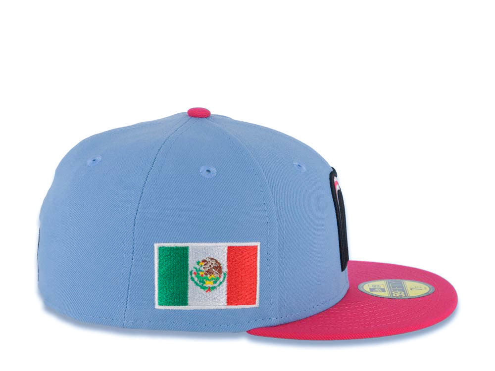 Mexico New Era WBC World Baseball Classic 59FIFTY 5950 Fitted Cap Hat Sky Blue Crown Magenta Visor White/Black/Magenta Logo Mexico Flag Side Patch