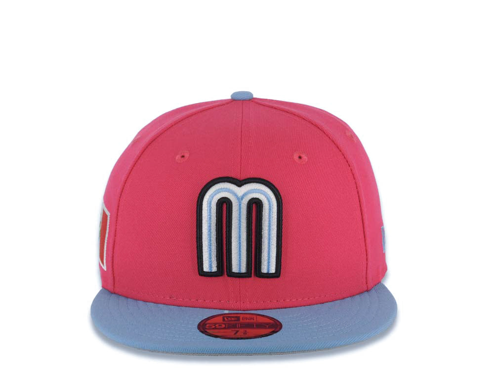 Mexico New Era 59FIFTY 5950 Fitted Cap Hat Magenta Crown Sky Blue Visor White/Black/Sky Blue Logo Mexico Flag Side Patch Gray UV